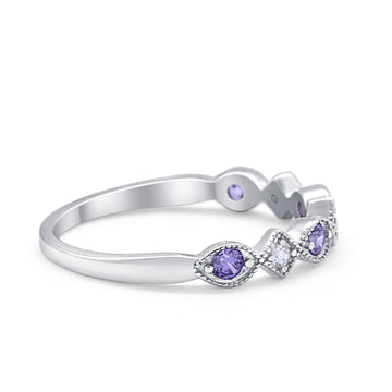 Art Deco Stacking Half Eternity Wedding Ring Simulated Amethyst CZ 925 Sterling Silver